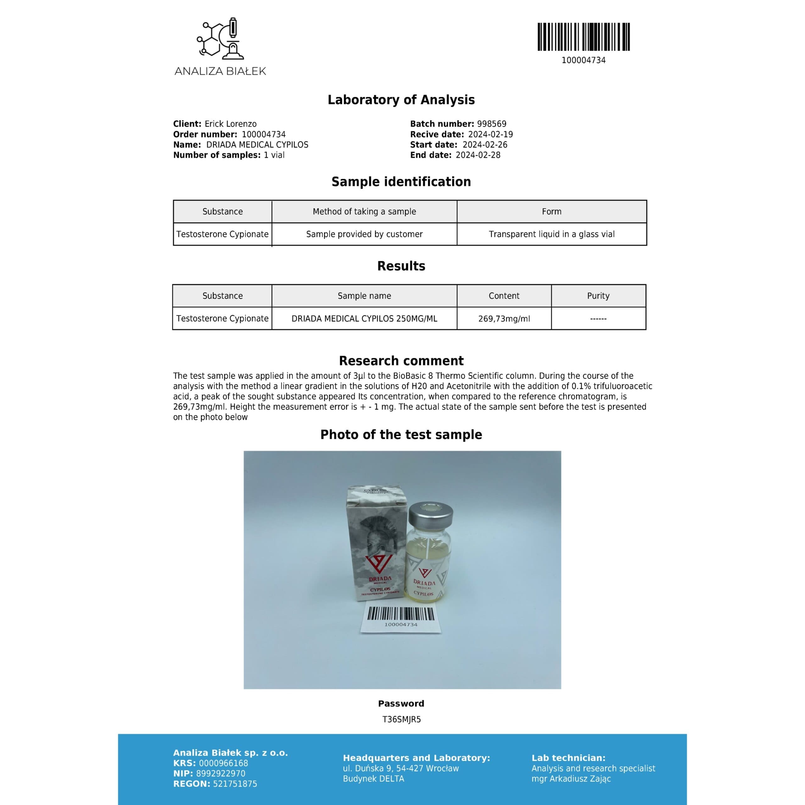 Cipionato de Testosterona 250mg/ml vial Driada Medical — imagem 4