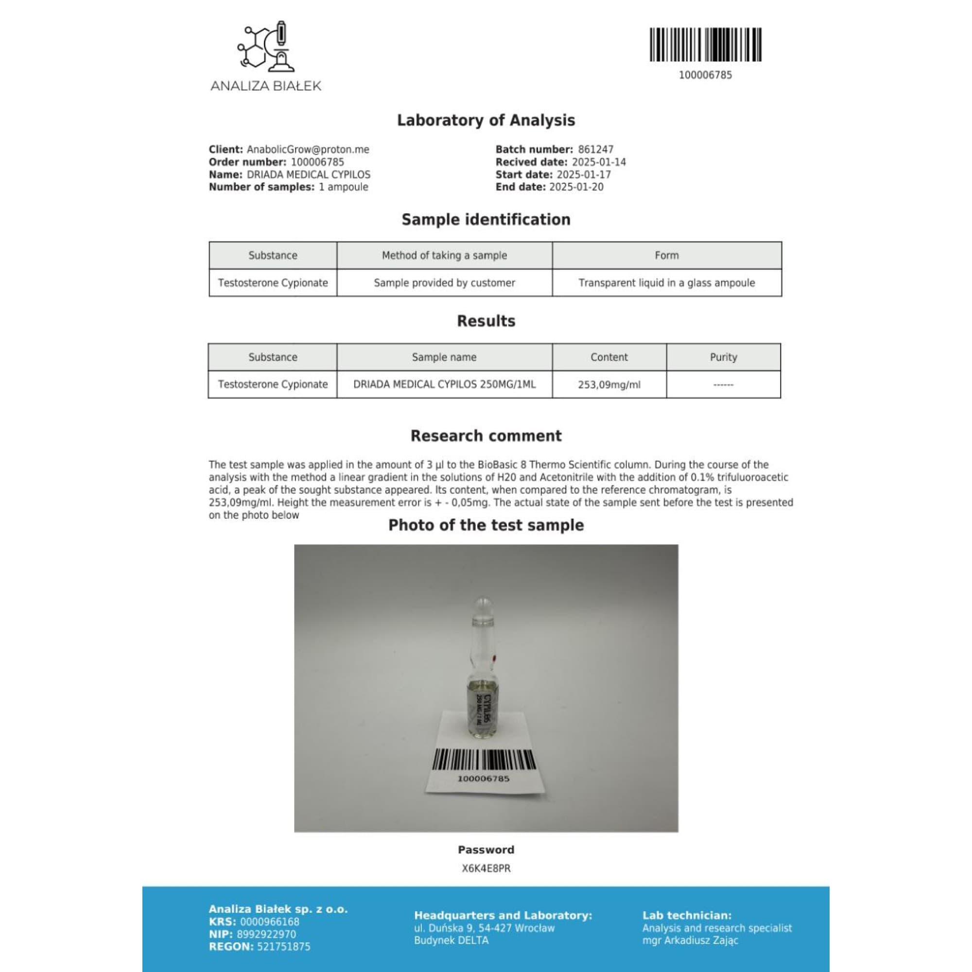 Cipionato de Testosterona 250mg/ml vial Driada Medical — imagem 3