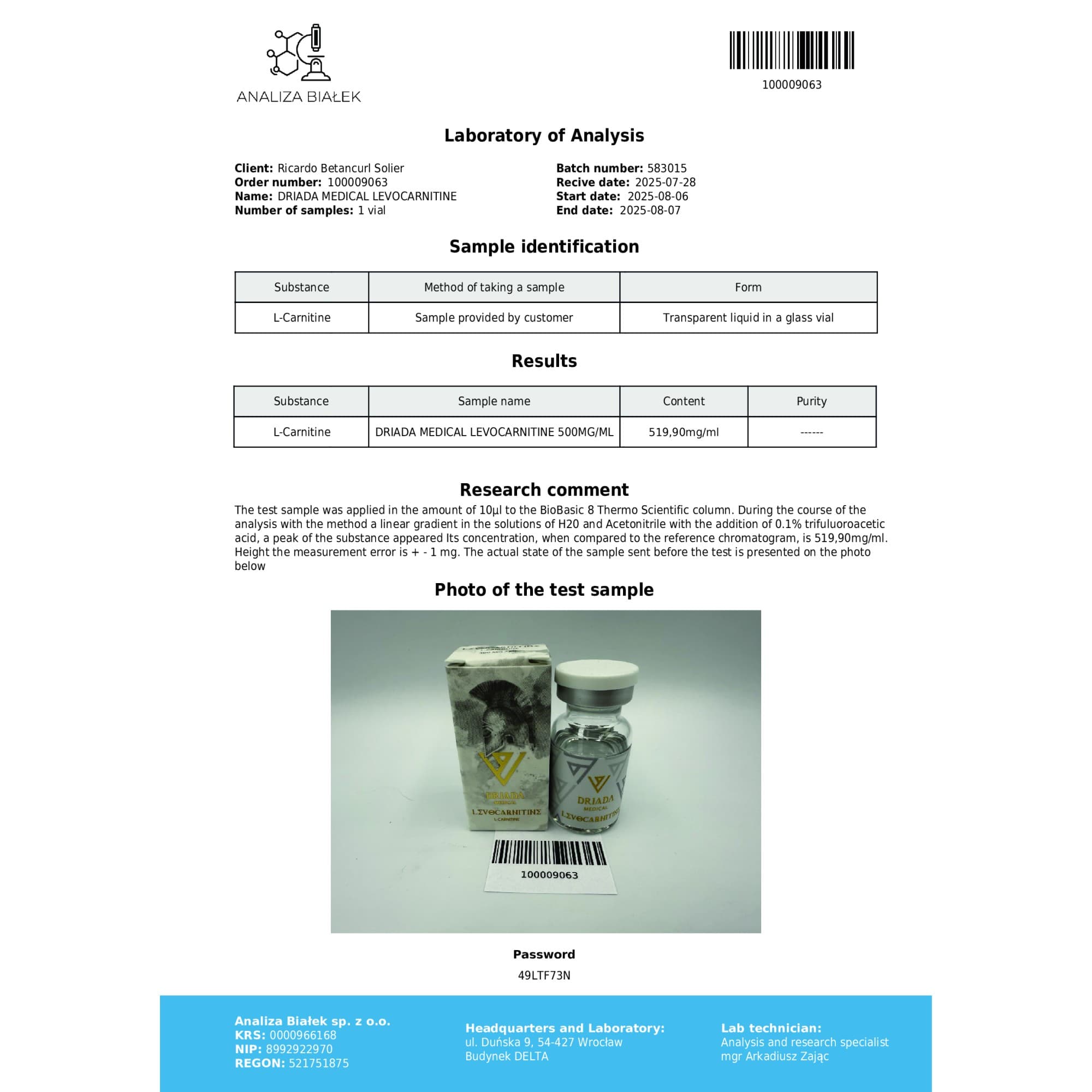 L-Carnitine 500mg/ml Driada Medical — imagem 4