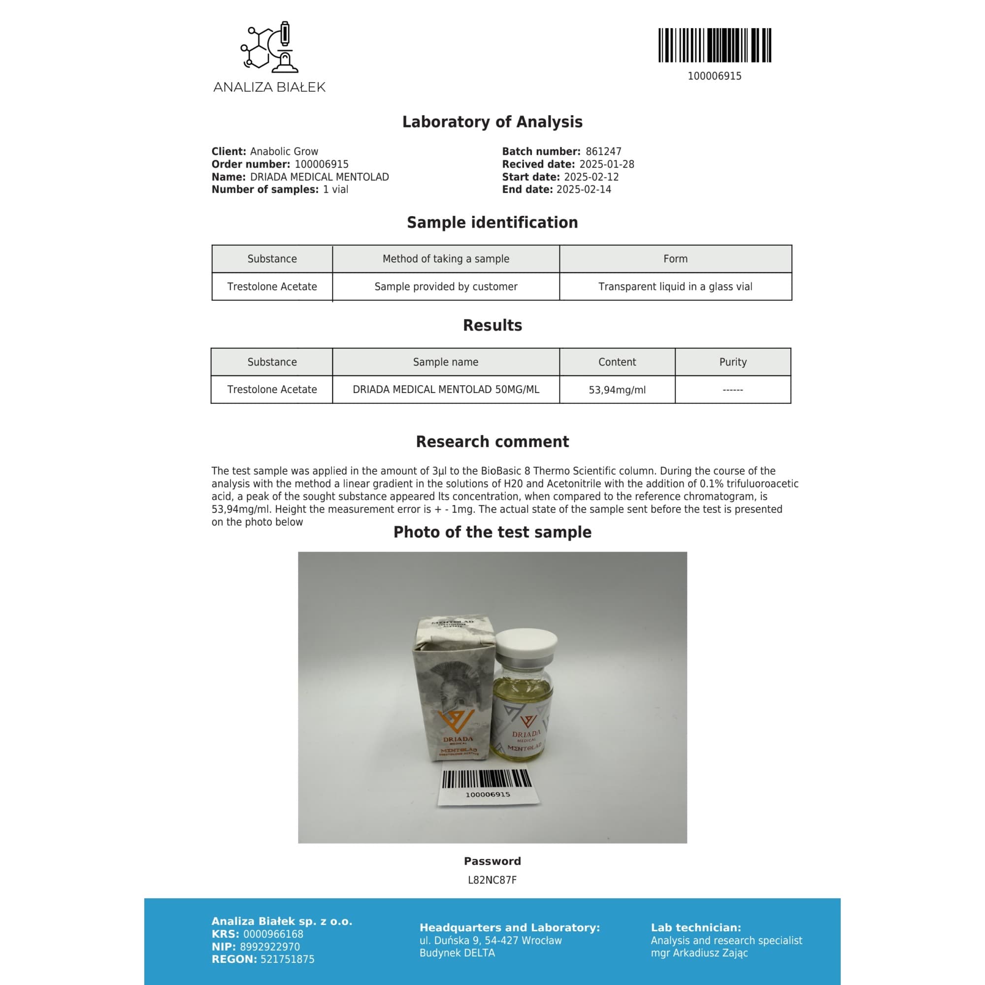 Acetato de Trestolona (Ment) 50mg/ml vial Driada Medical — imagem 4