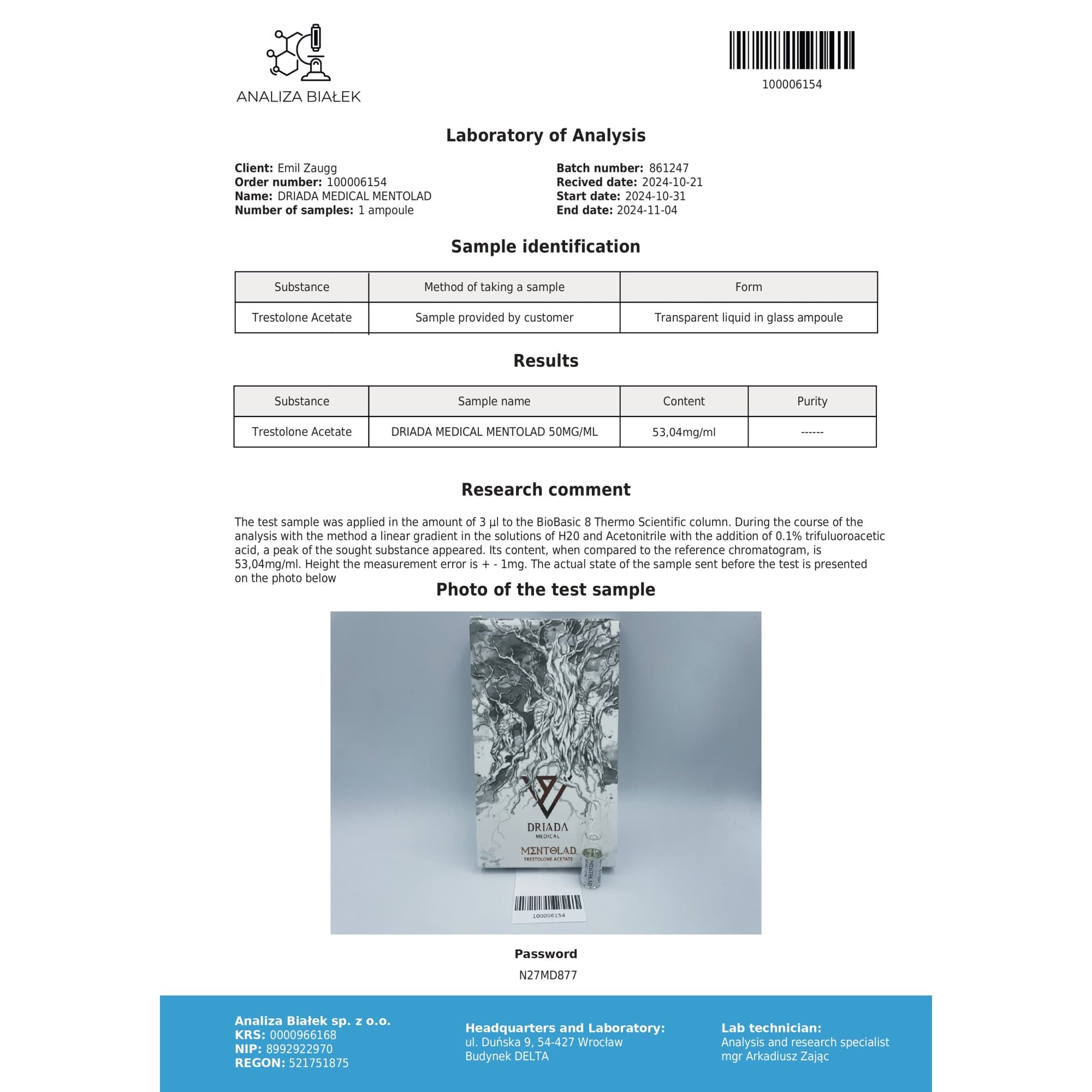 Acetato de Trestolona (Ment) 50mg/ml vial Driada Medical — imagem 3