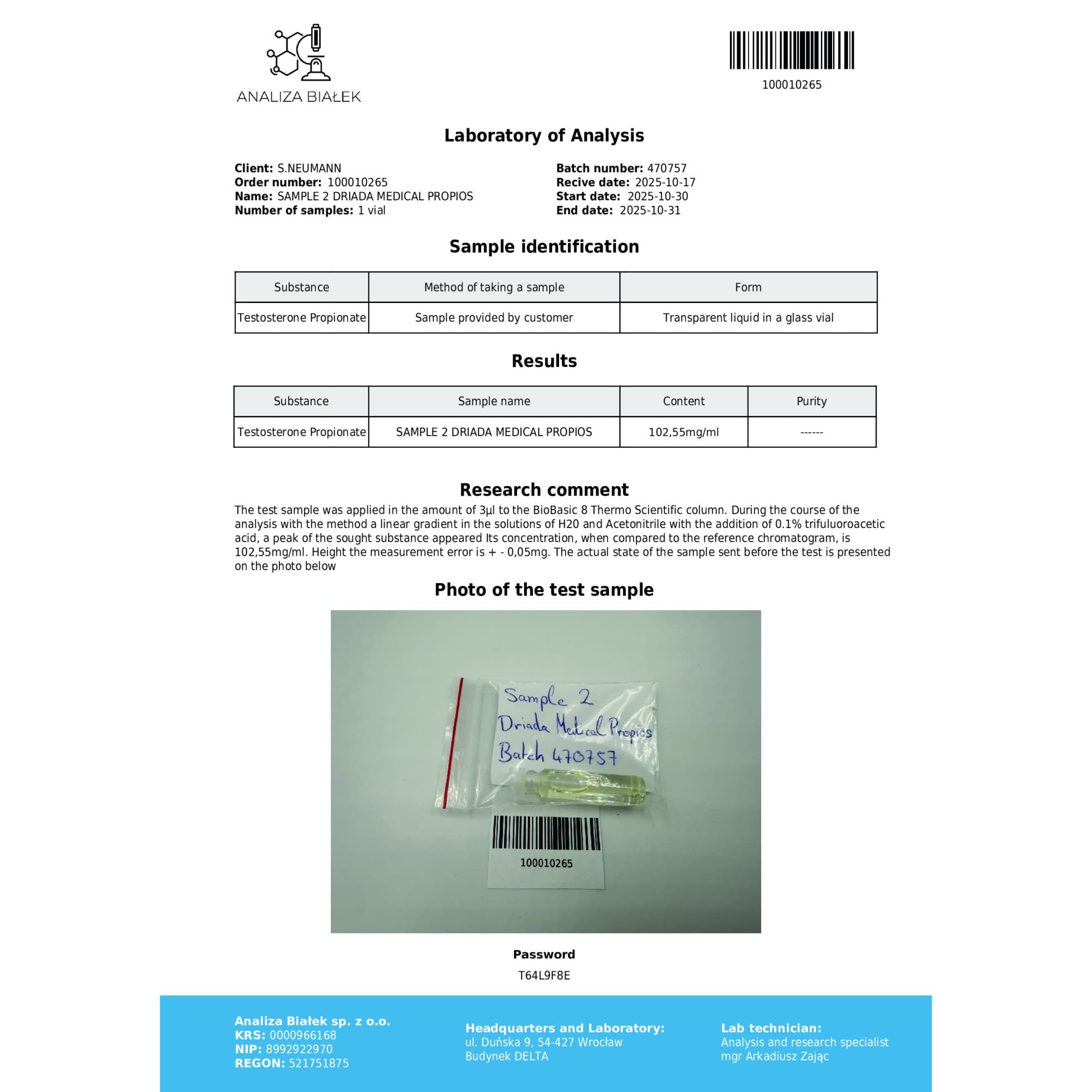 Propionato de Testosterona 100mg/ml vial Driada Medical — imagem 4
