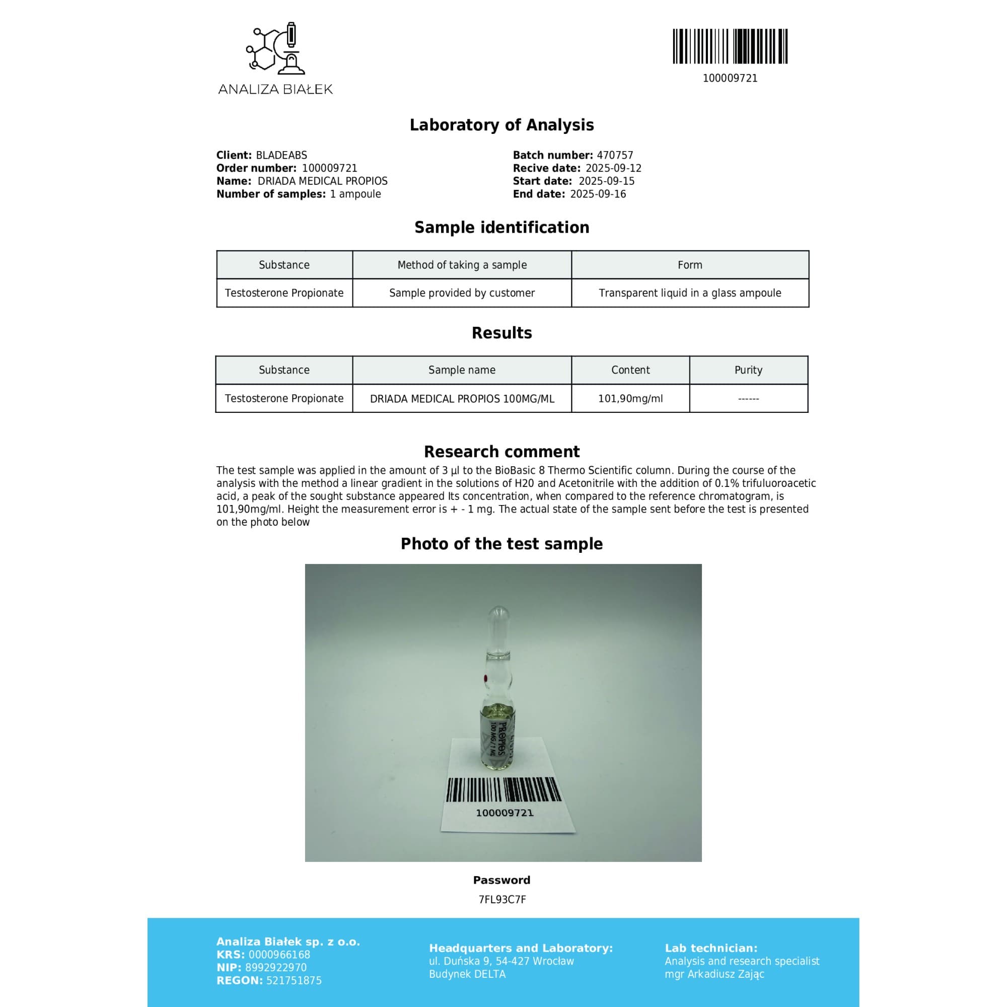 Propionato de Testosterona 100mg/ml vial Driada Medical — imagem 2