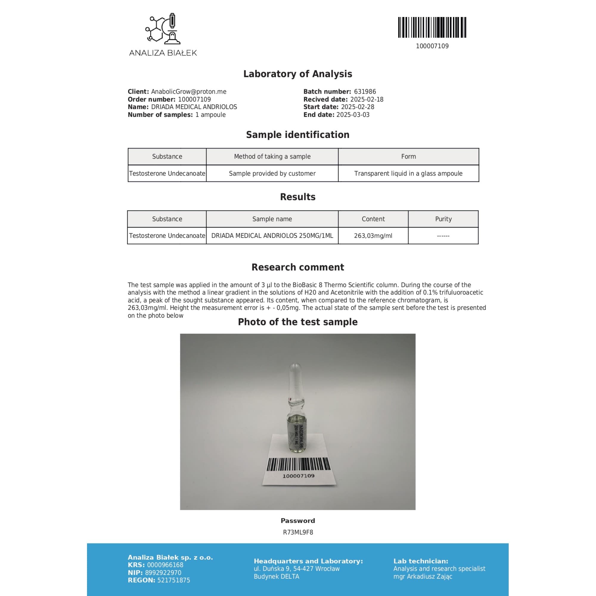 Undecanoato de Testosterona 250mg/ml  Vial Driada Medical — imagem 2